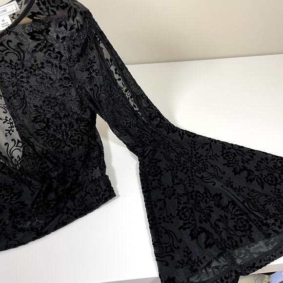 ADAM LEVINE Medium Sheer Black Velvet Burnout Bell Sleeve Open Tie Back Boho Top - Picture 5 of 11
